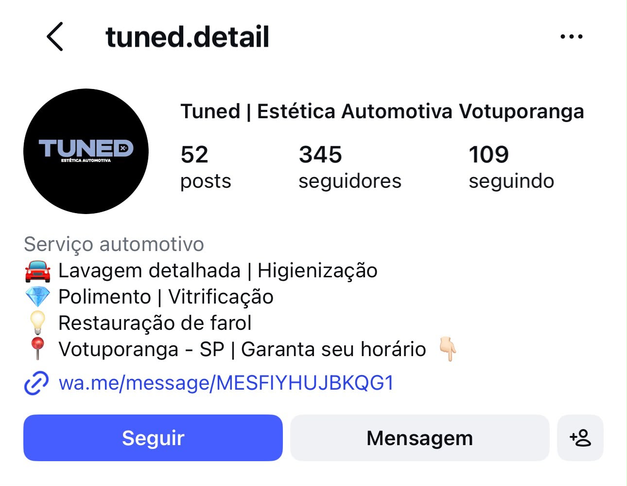 Perfil do Instagram da empresa TUNED Estética Automotiva