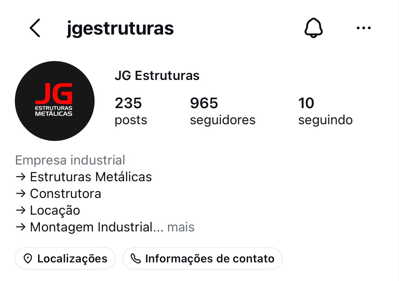 Perfil do Instagram da empresa JG Estruturas Metálicas