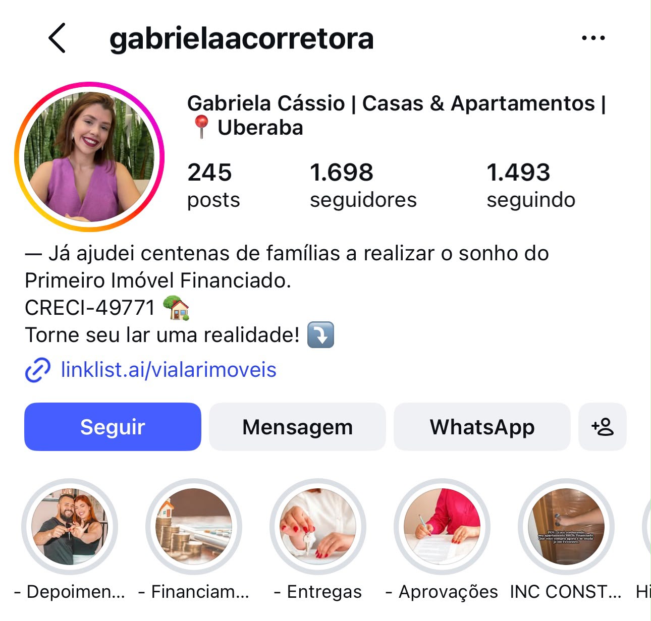 Perfil do Instagram da empresa Gabriela Cássio Corretora
